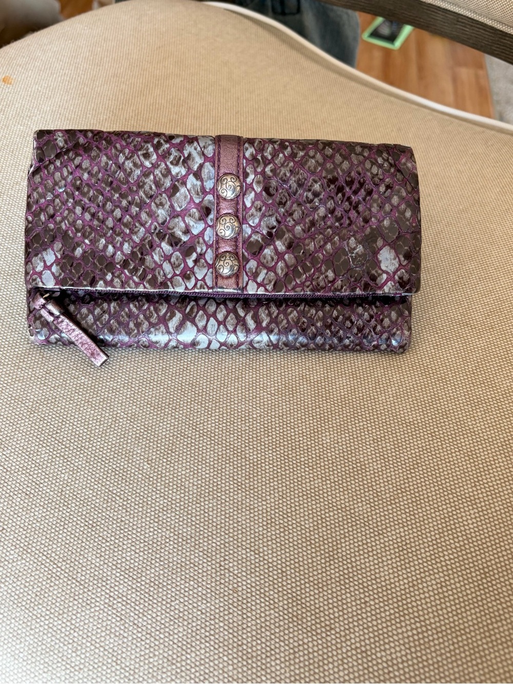 Brighton Purple Faux Snake-Embossed Foldover Wallet Silver Accent